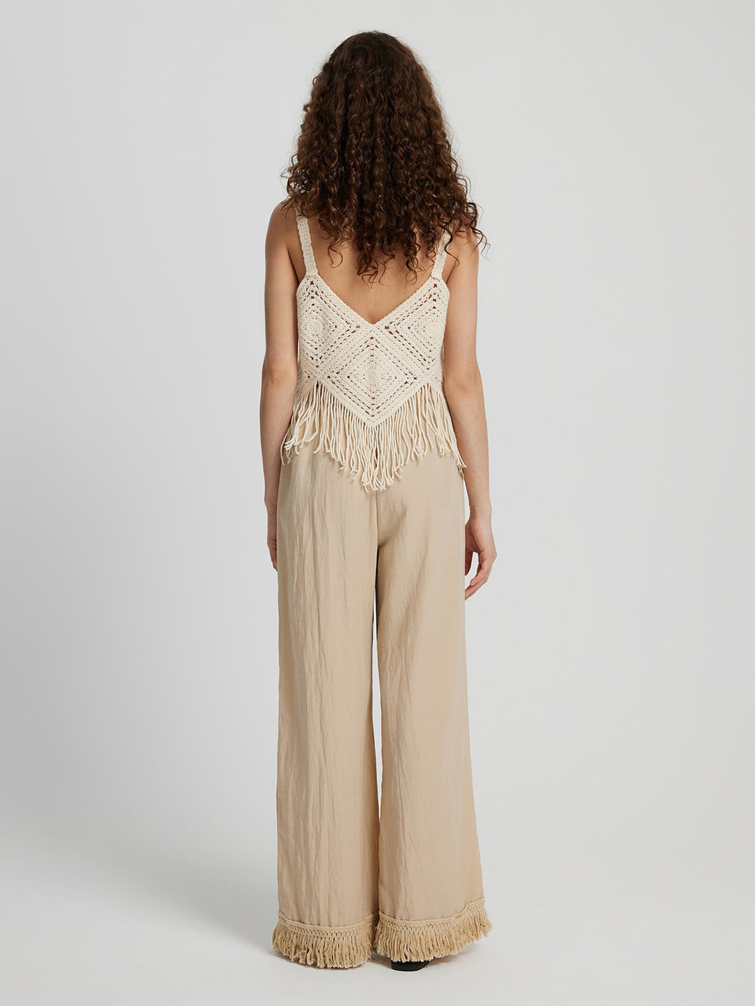 Fringe Hem Wide Leg Long Pants