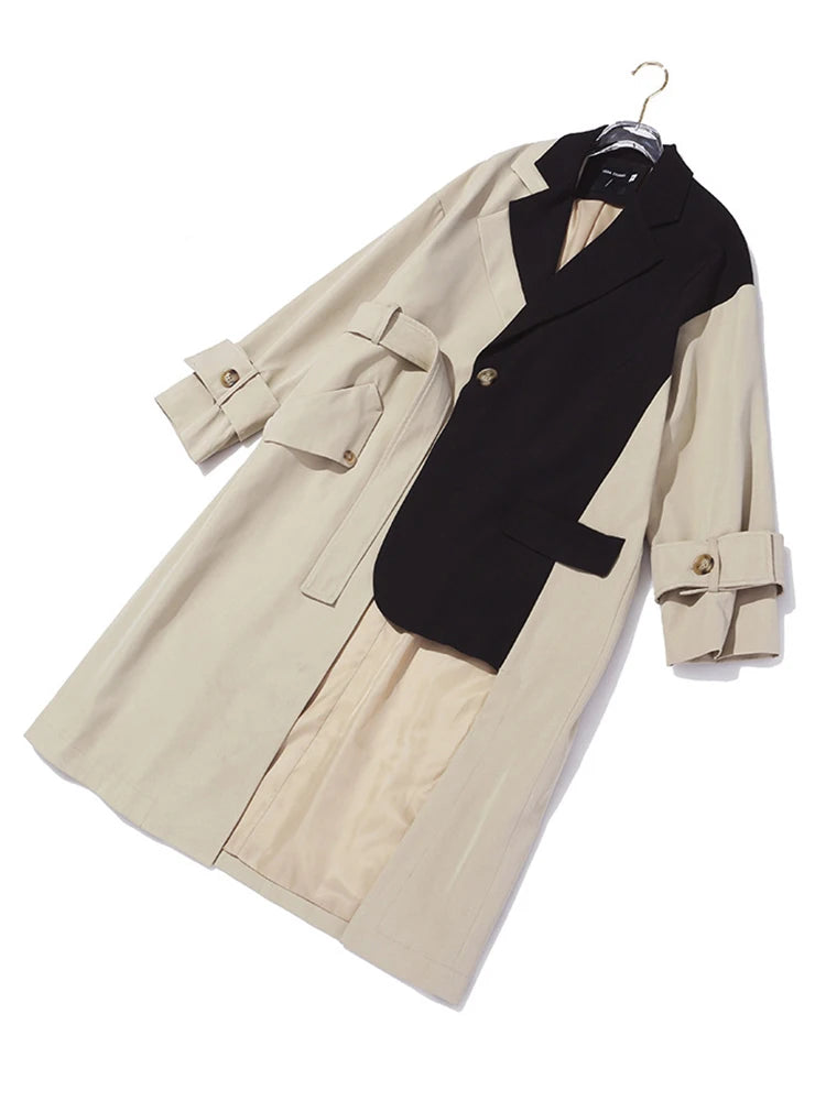 [EAM] Women Khaki Big Size Asymmetrical Trench New Lapel Long