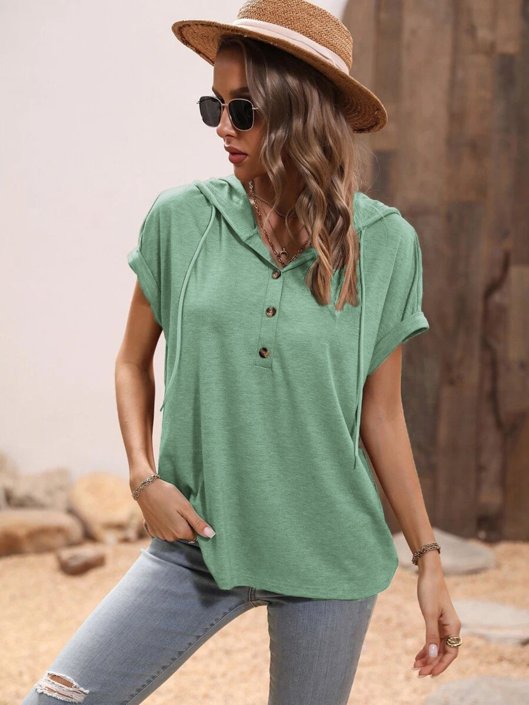 Half Button Hooded Short Sleeve Blouse