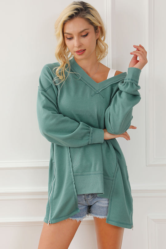 Exposed Seam V-Neck Zip Detail Sweatshirt