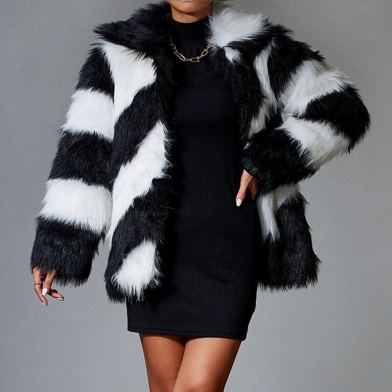 Black Faux Rabbit Fur Coat Luxury Fur Coat Artificial Fur  Women