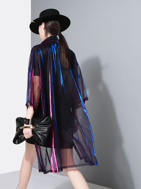 Reece Sheer Shimmer Shirt Dress - Rose Red Blue