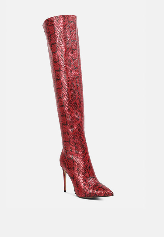 Catalina Snake Print Stiletto Knee Boots-2