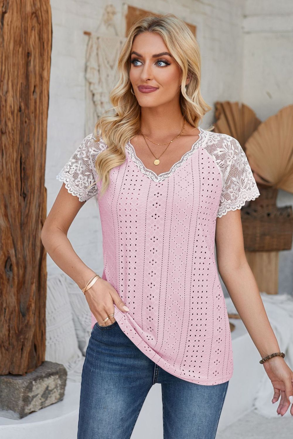 Eyelet V-Neck Lace Short Sleeve T-Shirt