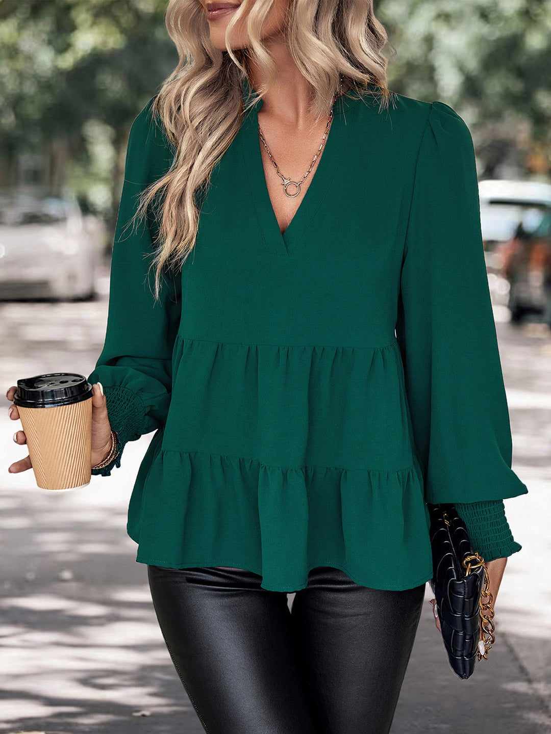 Notched Neck Lantern Sleeve Blouse