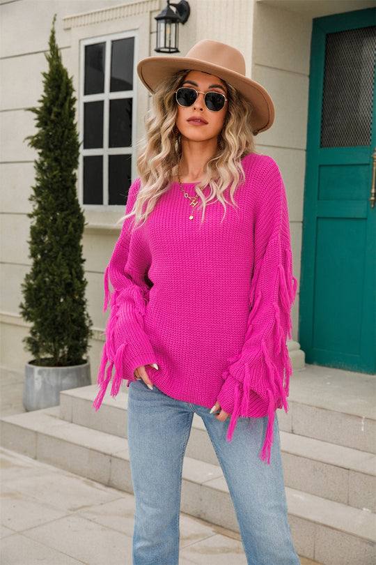 Angel Wings Fringe Round Neck Dropped Shoulder Sweater