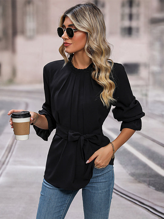 Perfee Round Neck Tie Waist Long Sleeve Blouse