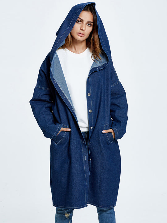 Button Up Dropped Shoulder Hooded Denim Top