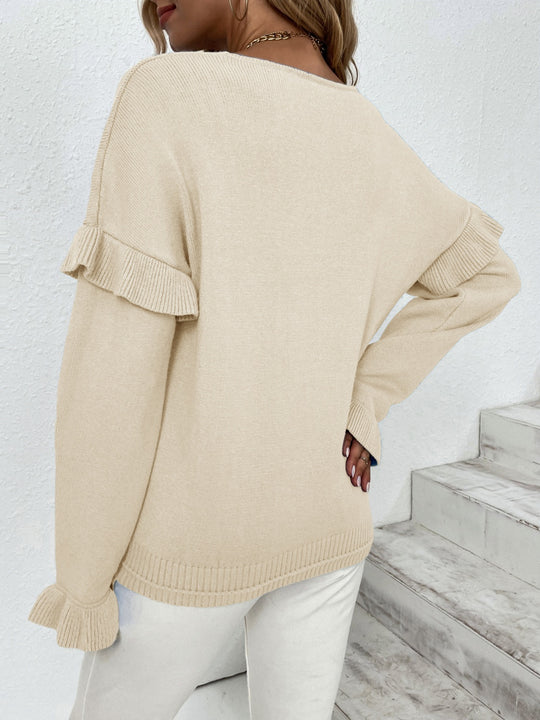 Ruffled V-Neck Dropped Shoulder Sweater