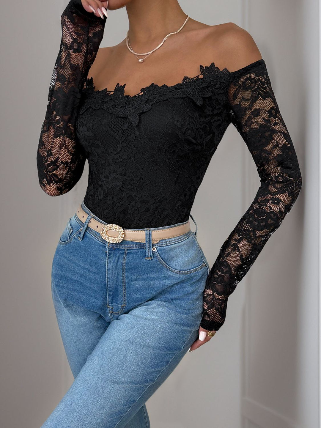 Perfee Lace Off-Shoulder Long Sleeve Bodysuit