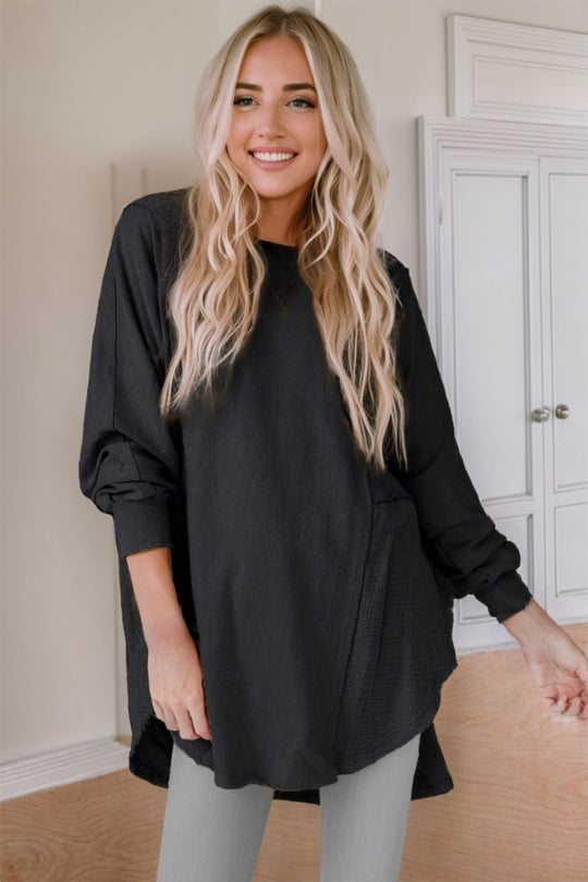 contrast texture round neck long sleeve blouse