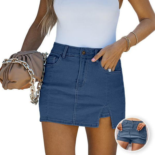 Luvamia Skorts Skirts for Women Denim Mini Skirt Side Slit with High Waisted Jean Shorts Stretchy