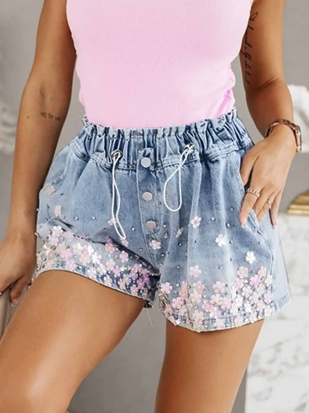 Rhinestone Drawstring Denim Shorts