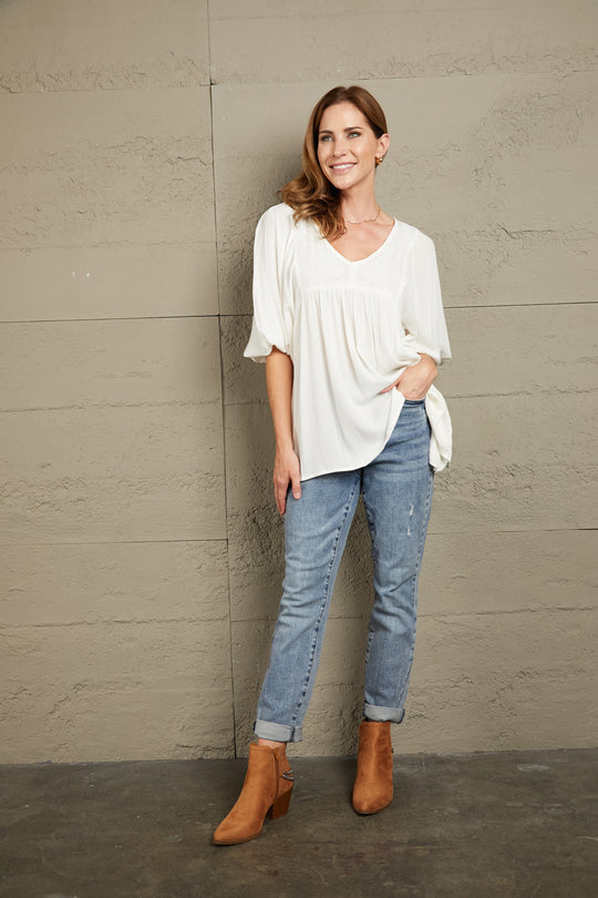 Double Take V-Neck Half Sleeve Blouse with Pockets