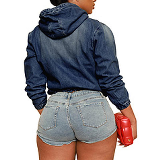 Women'S Half Zip Denim Hoodie Pullover Jacket Jean Tops