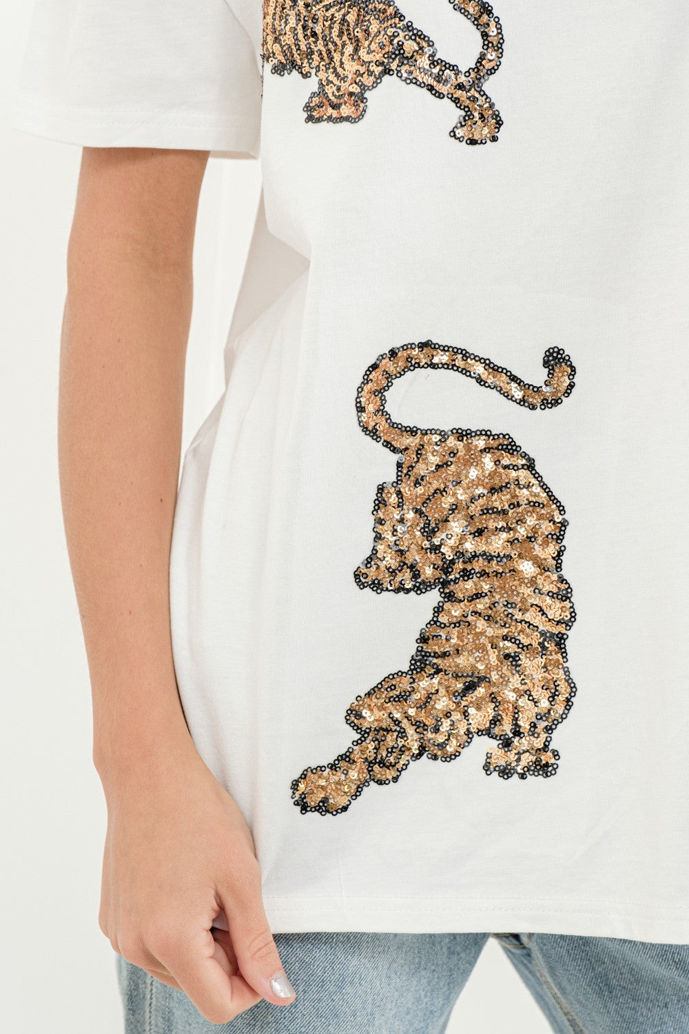 Embellished Gold Sequin Tiger Graphic Short Sleeve Cotton T Shirt