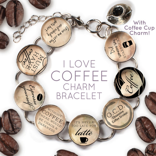 I Love Coffee - Custom Glass Charm Bracelet with Coffee Cup Charm