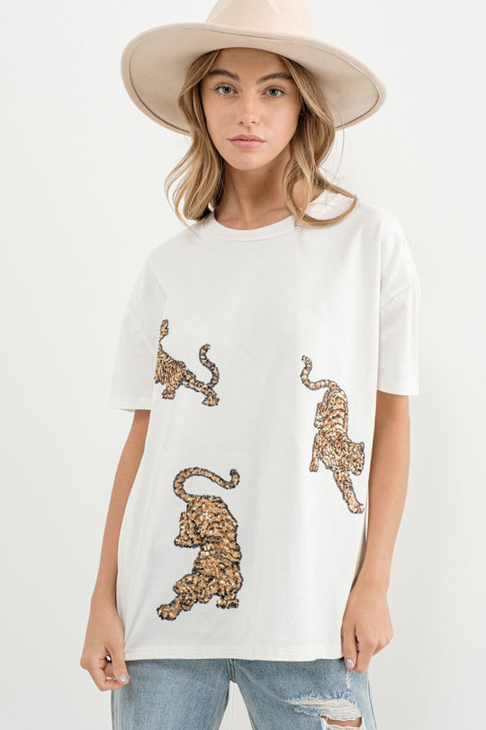 Embellished Gold Sequin Tiger Graphic Short Sleeve Cotton T Shirt