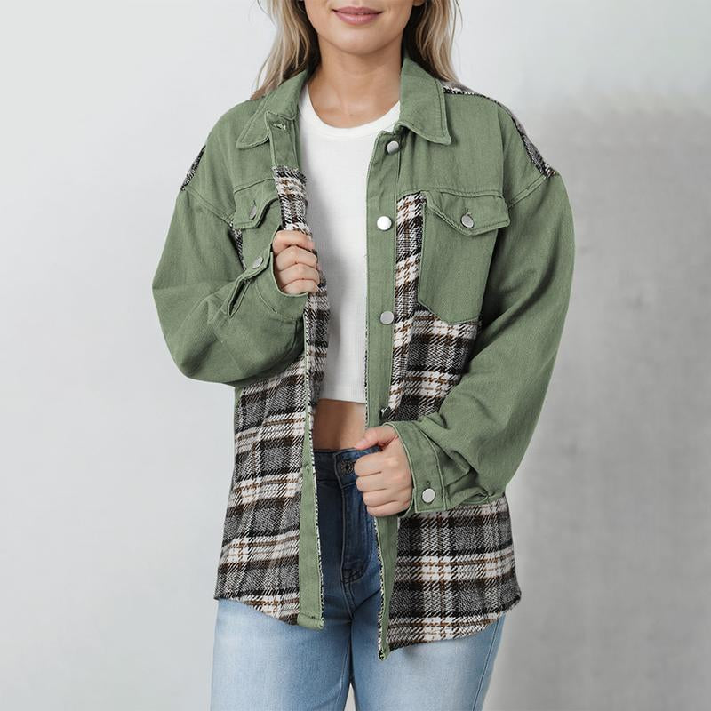 SHEWIN Women'S Denim Jacket Long Sleeve Plaid Button down Shacket Jacket Fabric Womenswear