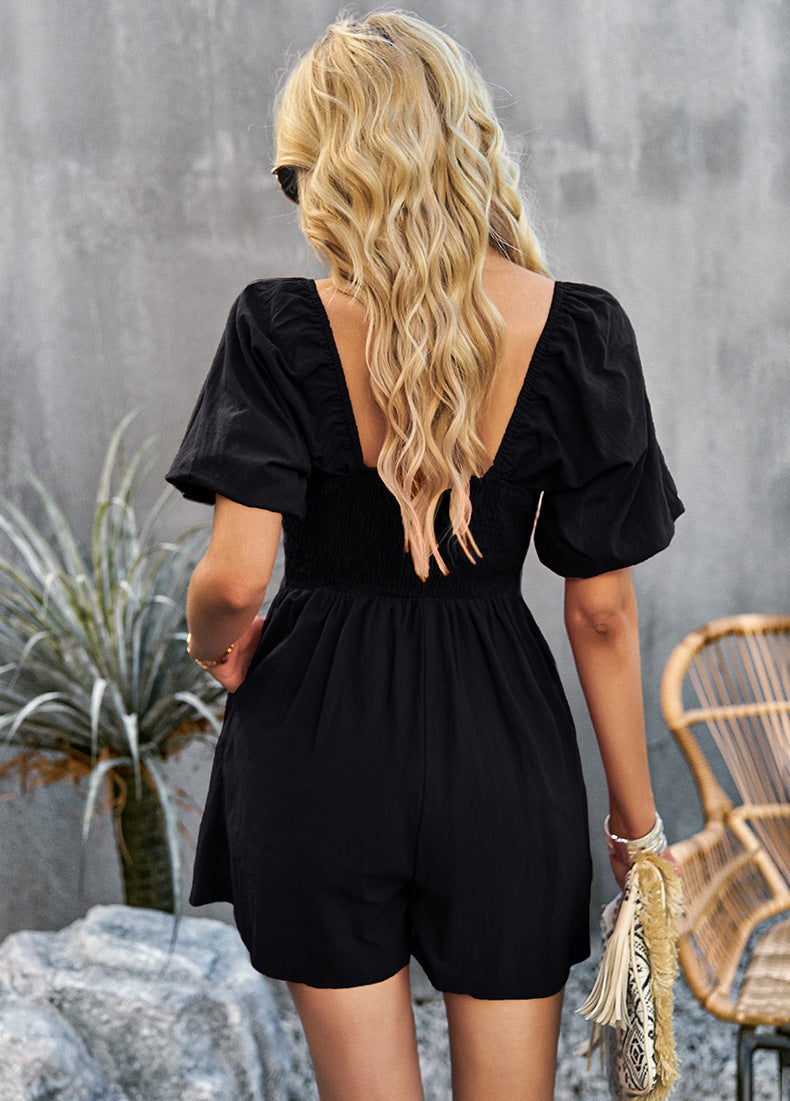 Square Neck Short Sleeve Smocked Romper