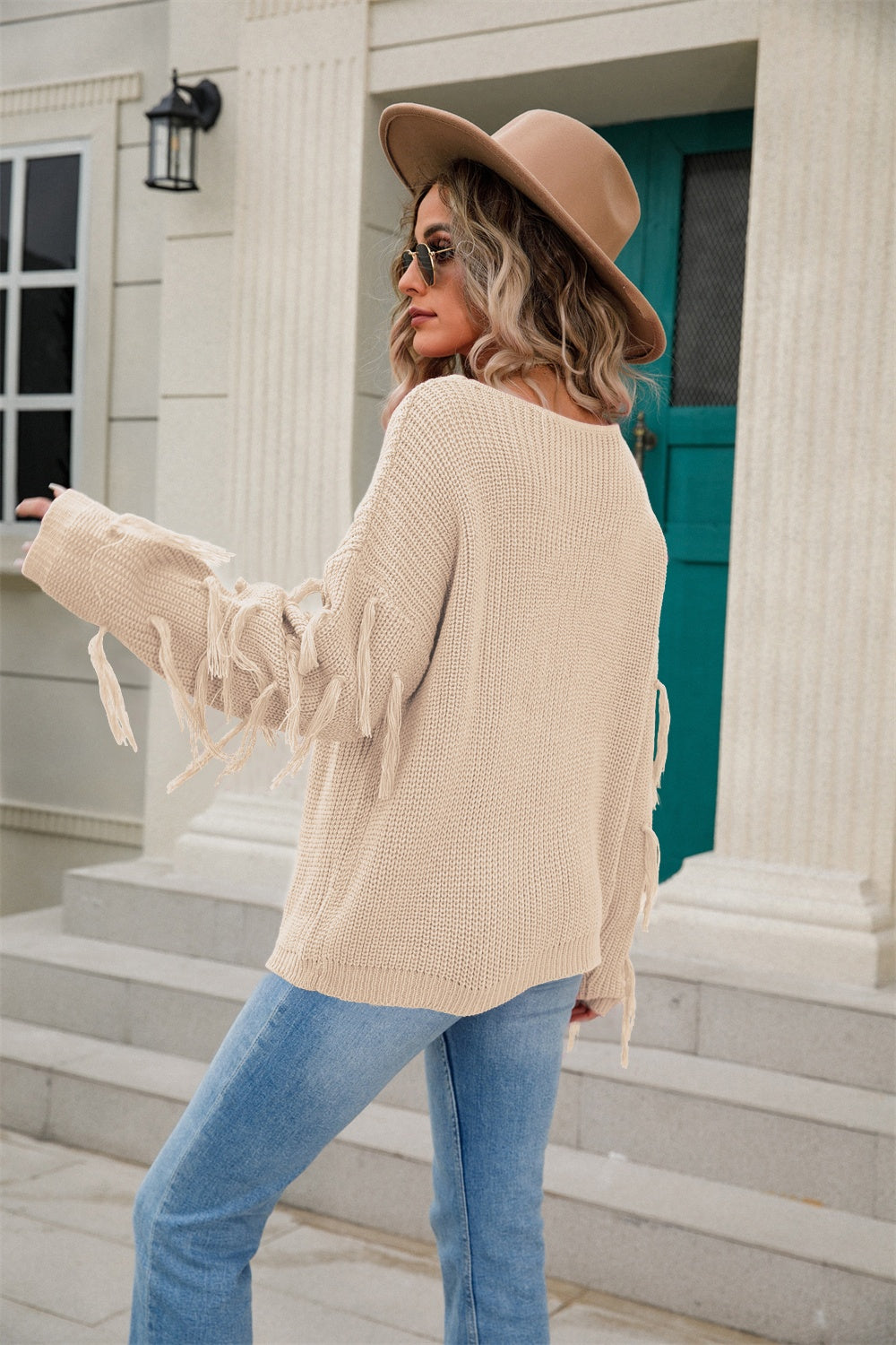 Angel Wings Fringe Round Neck Dropped Shoulder Sweater