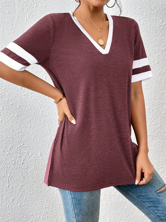 Contrast Trim V-Neck Short Sleeve T-Shirt