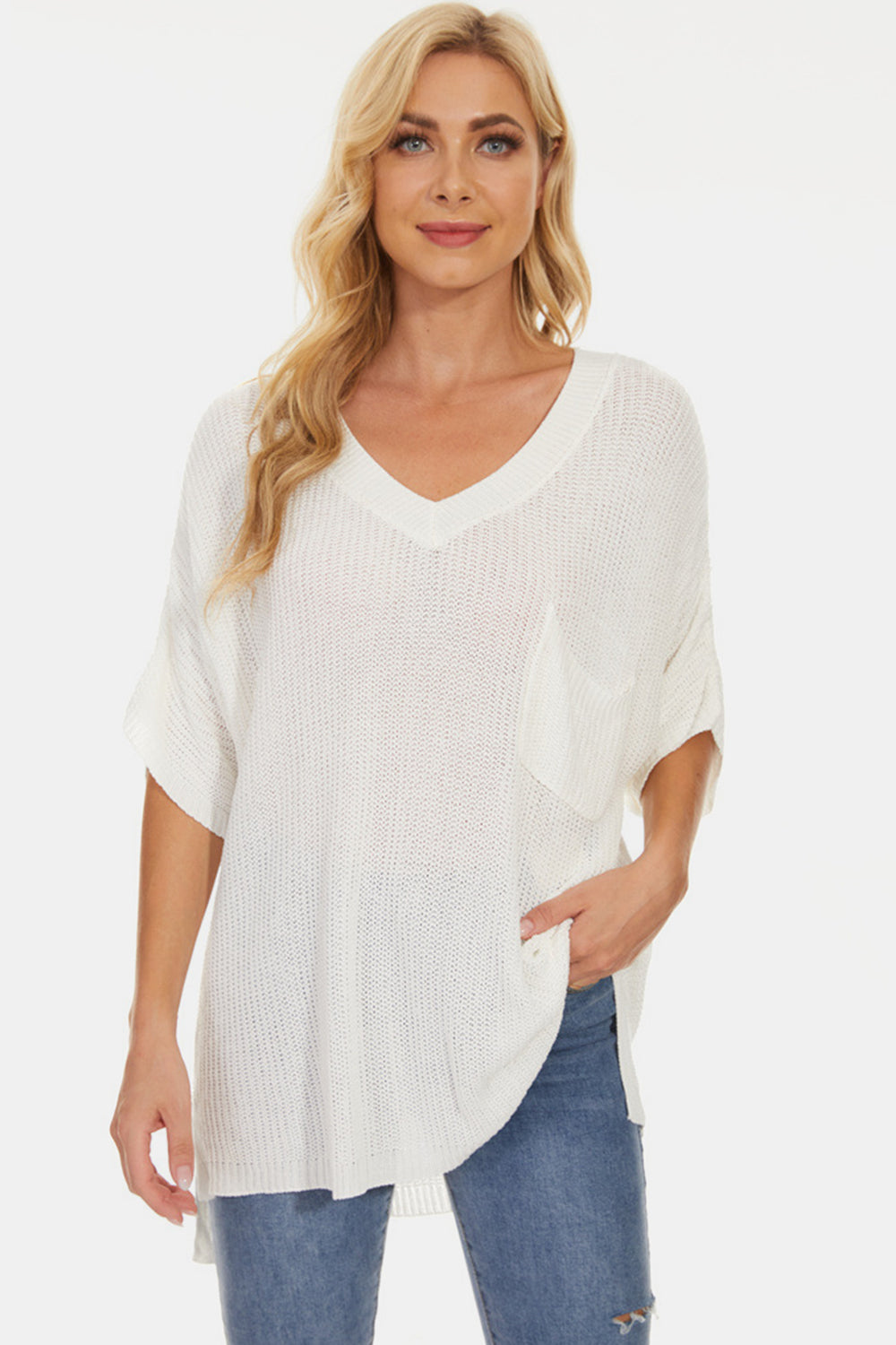 Pocketed V-Neck Half Sleeve Knit Top