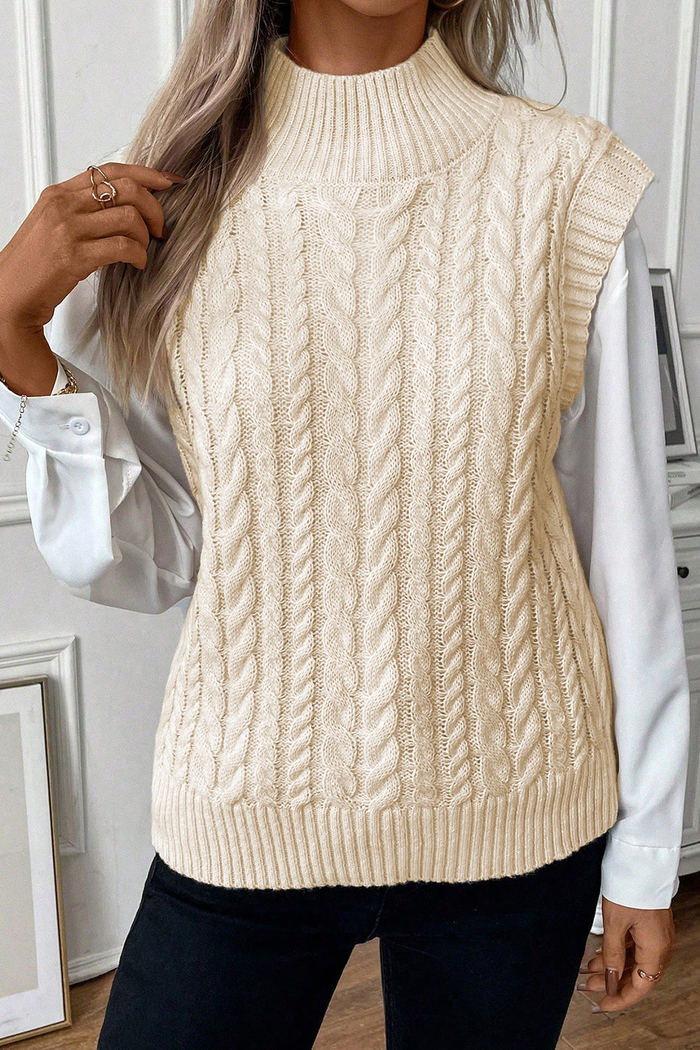 Oatmeal Cable Knit High Neck Sweater Vest