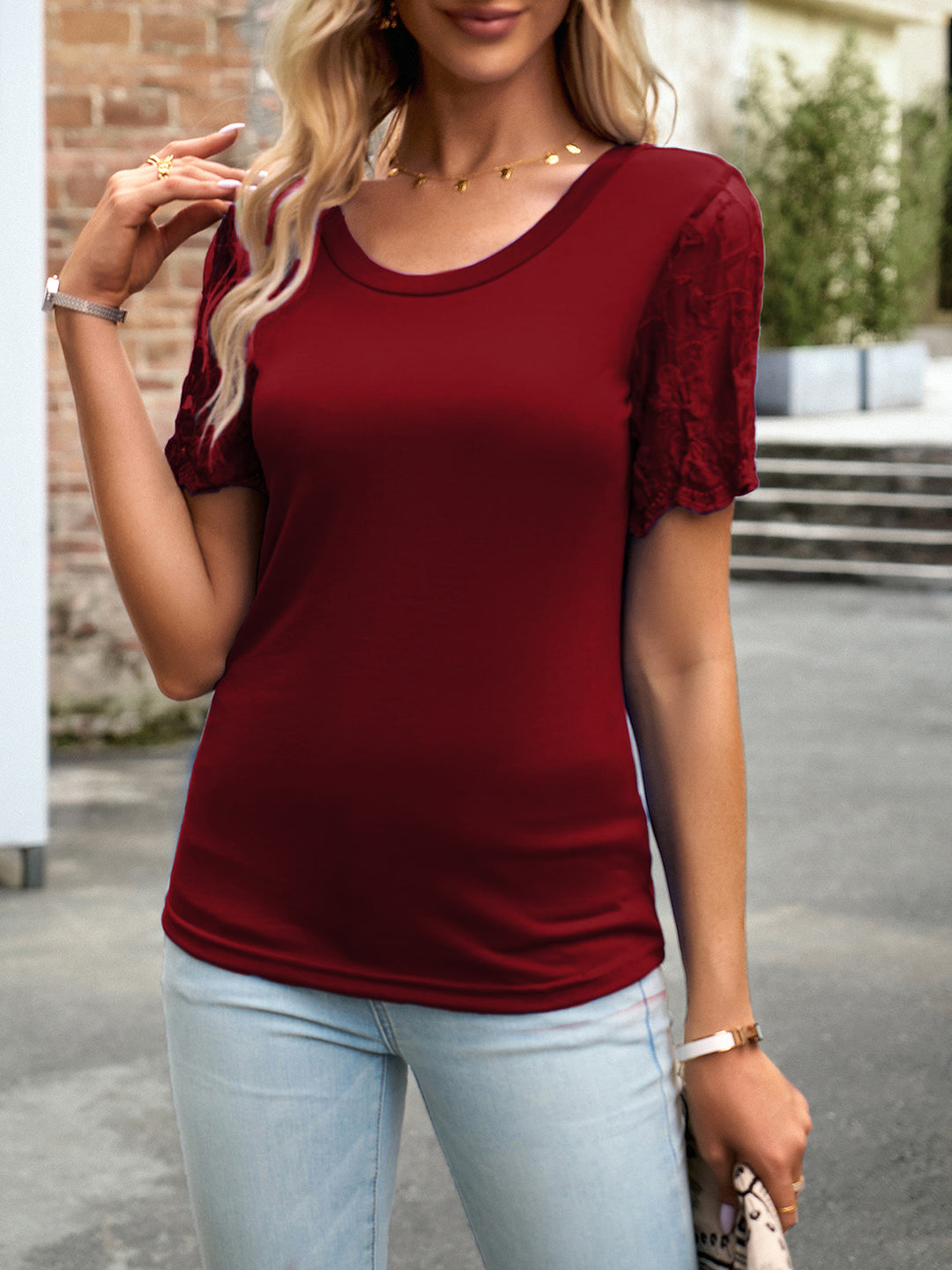 Lace Detail Round Neck Short Sleeve T-Shirt