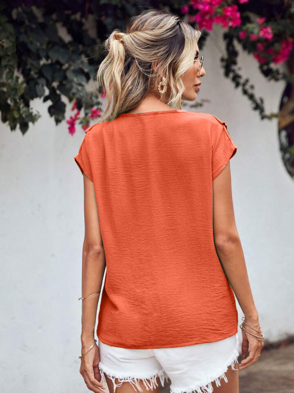 Ruffled V-Neck Short Sleeve Blouse