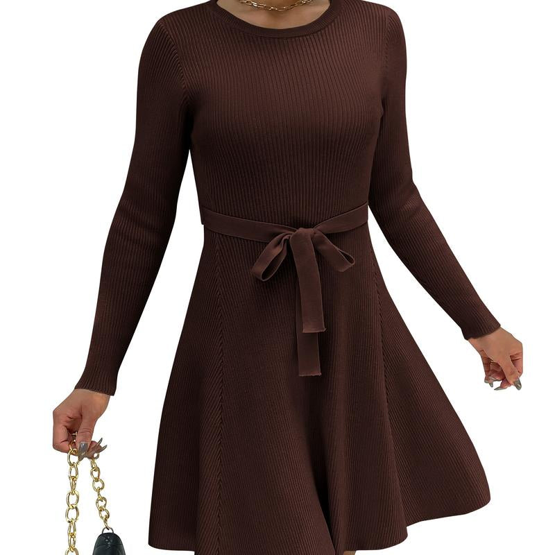 HOTOUCH Women'S Fall Winter Casual Dress Crewneck Long Sleeve A-Line Sweater Dress Bodycon Ribbed Knit Dress with Belt Fabric Fit Womenswear Birthday Bag Coat Fashion Festival Slim Spring