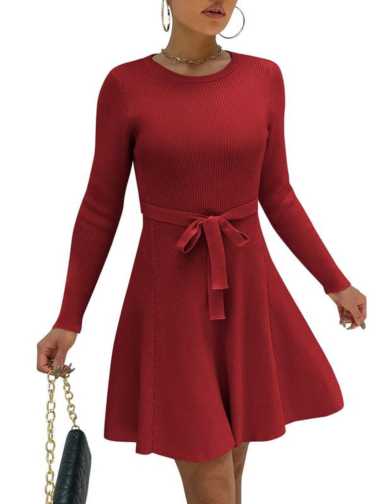 HOTOUCH Women'S Fall Winter Casual Dress Crewneck Long Sleeve A-Line Sweater Dress Bodycon Ribbed Knit Dress with Belt Fabric Fit Womenswear Birthday Bag Coat Fashion Festival Slim Spring