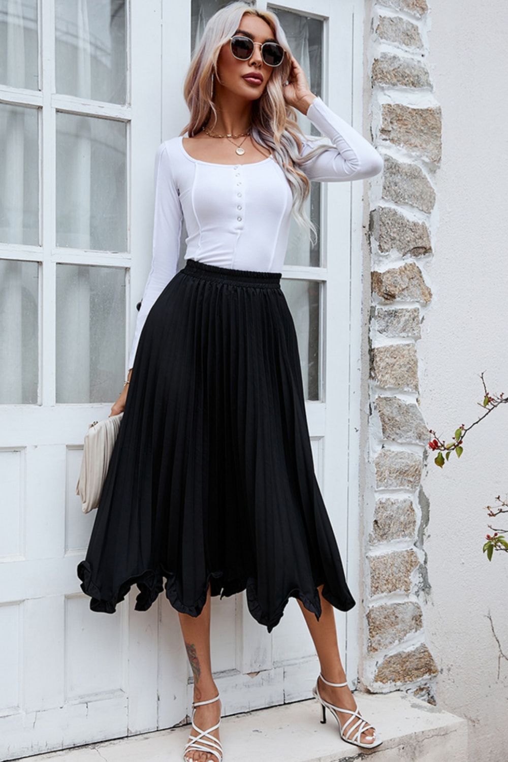 Frill Trim Pleated Elastic Waist Skirt