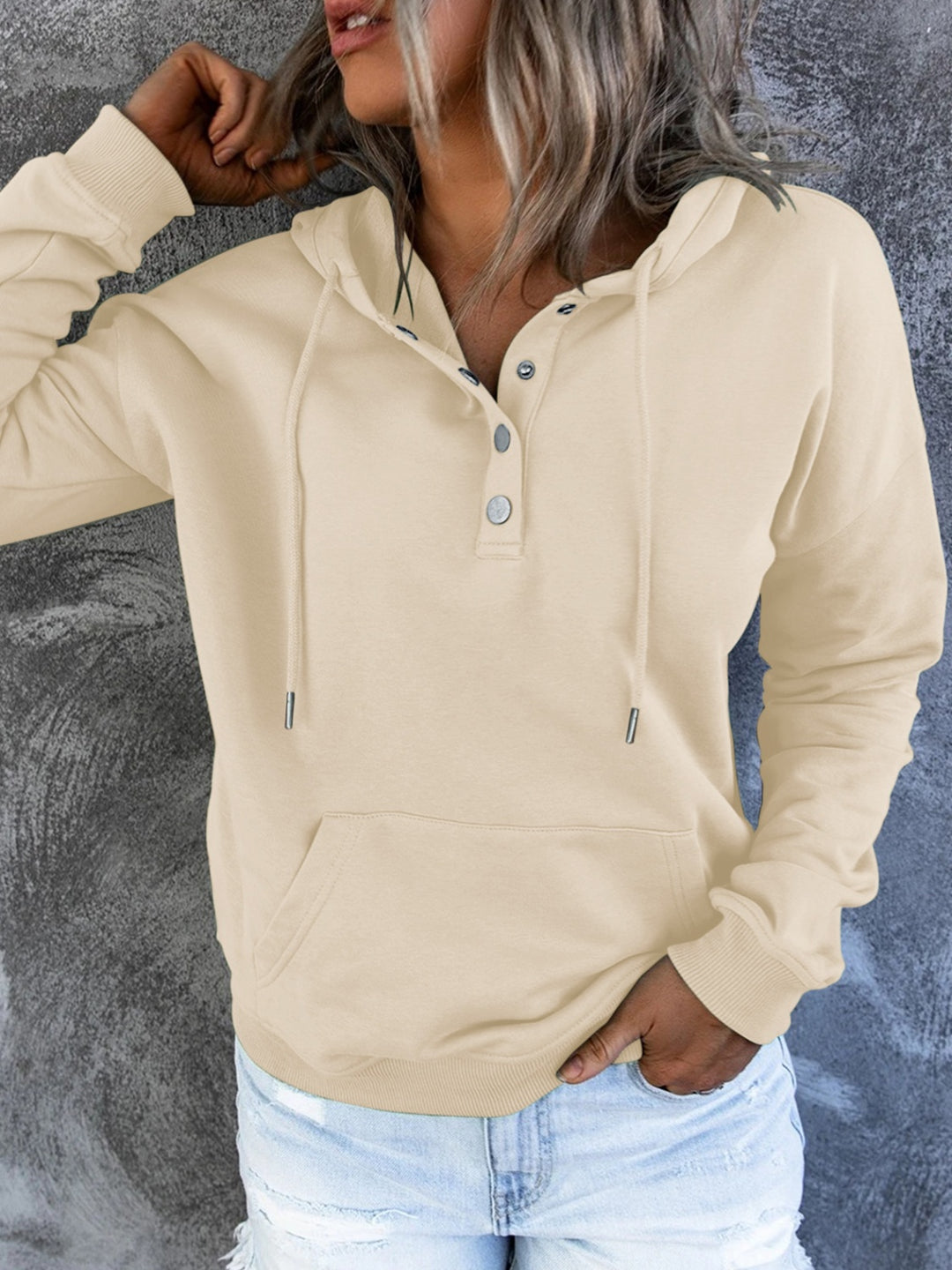 Half Snap Drawstring Long Sleeve Hoodie