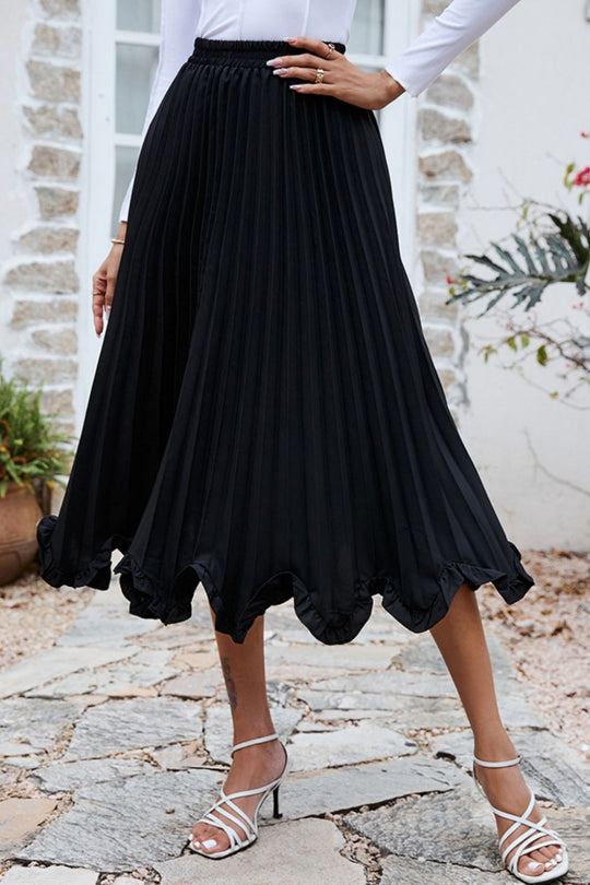 Frill Trim Pleated Elastic Waist Skirt