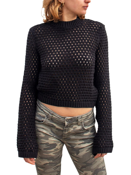 Openwork Round Neck Long Sleeve Knit Top