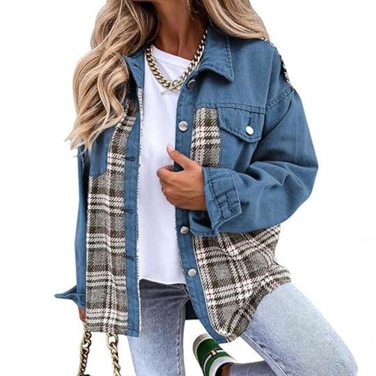 SHEWIN Women'S Denim Jacket Long Sleeve Plaid Button down Shacket Jacket Fabric Womenswear