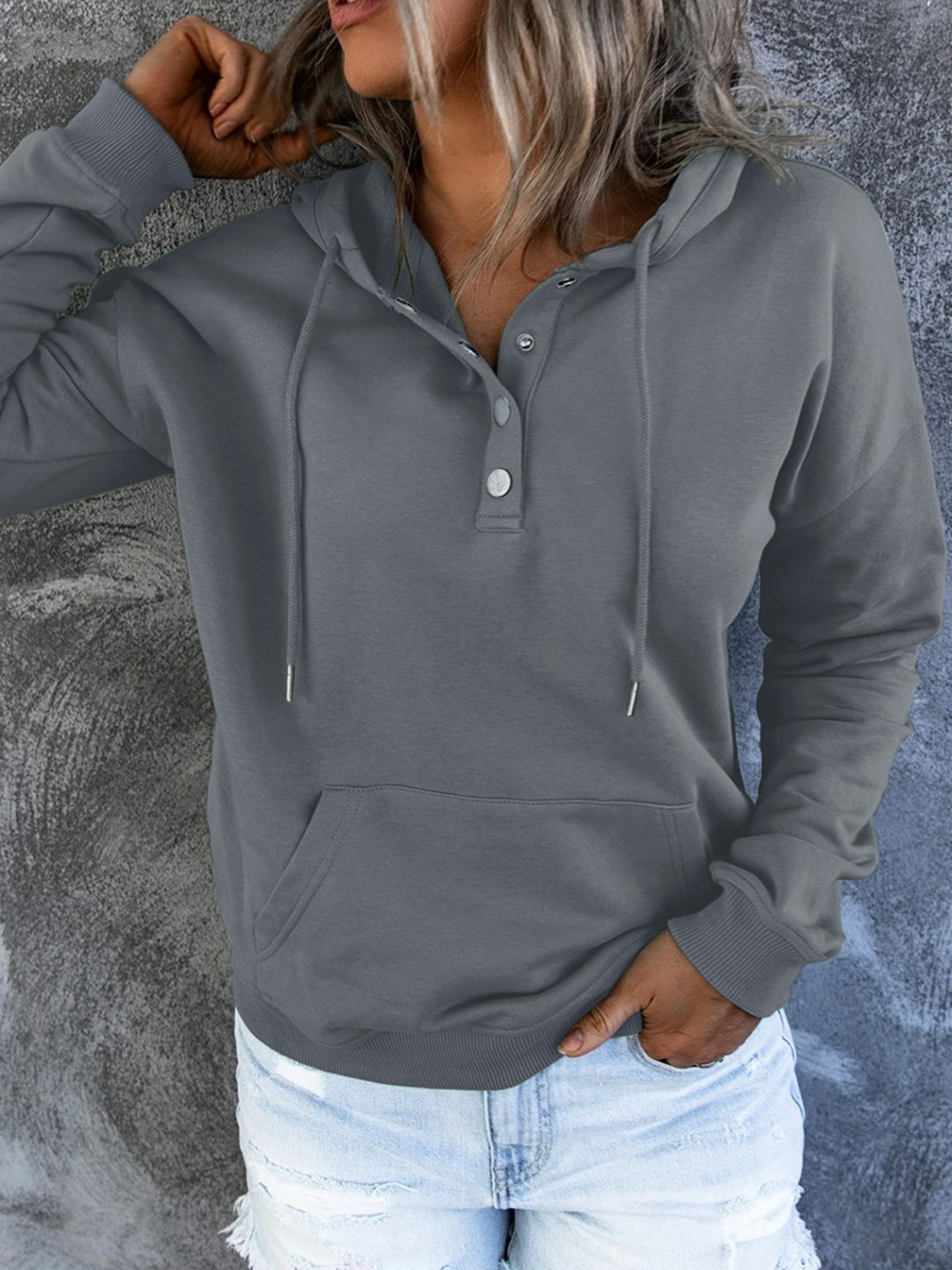 Half Snap Drawstring Long Sleeve Hoodie