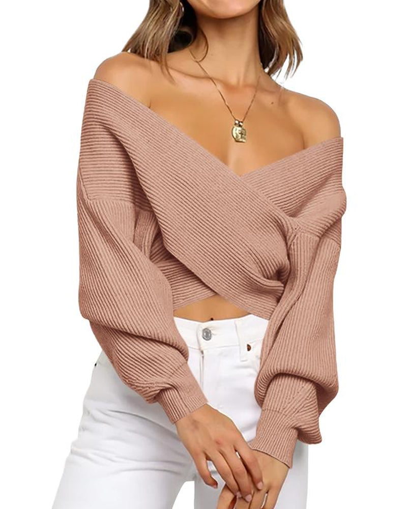 BTFBM Women'S Solid Color V Neck Long Sleeve Sweater with Cross Wrap Front and Asymmetric Hem - Comfort, Fashion