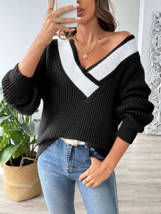 Contrast Dropped Shoulder Long Sleeve Sweater