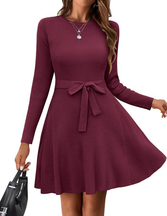 HOTOUCH Women'S Fall Winter Casual Dress Crewneck Long Sleeve A-Line Sweater Dress Bodycon Ribbed Knit Dress with Belt Fabric Fit Womenswear Birthday Bag Coat Fashion Festival Slim Spring