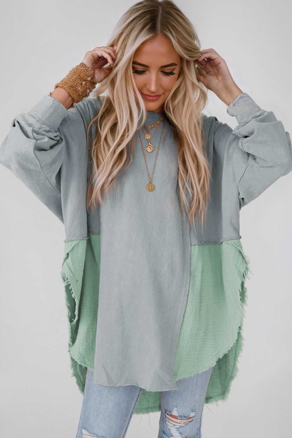 contrast texture round neck long sleeve blouse