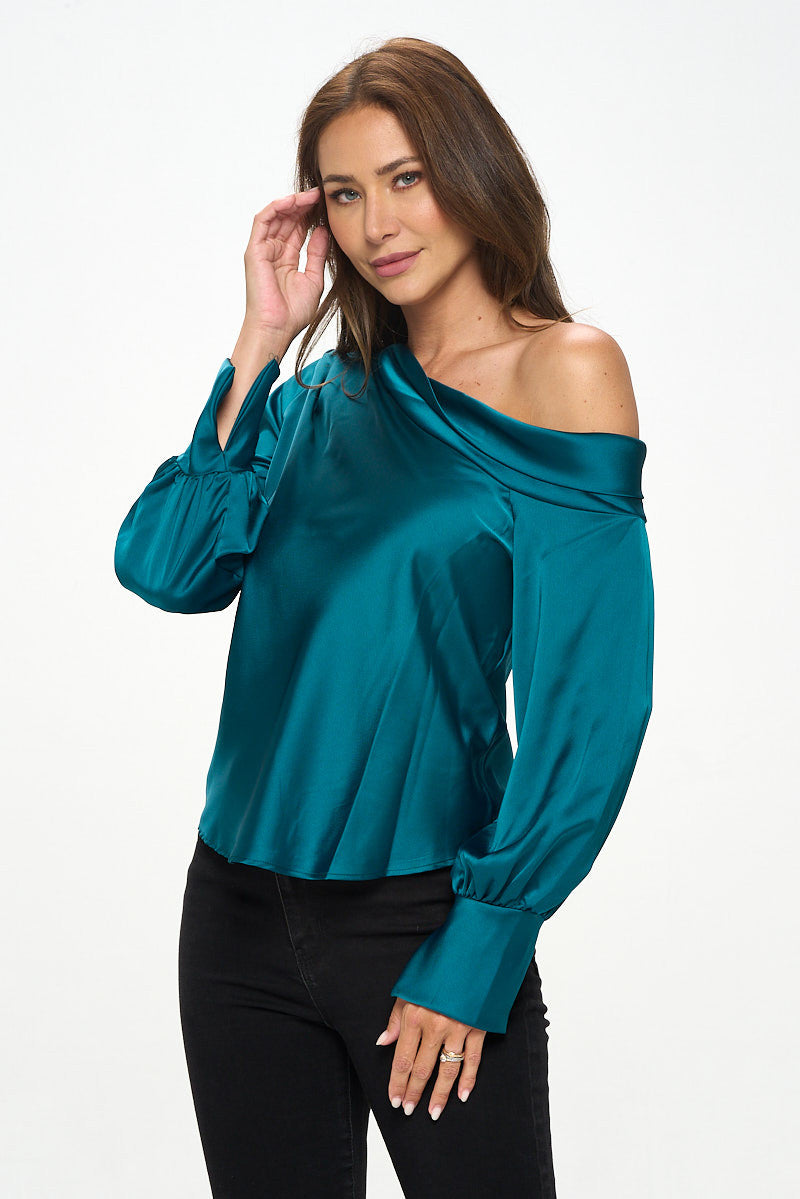 Dropped Shoulder Long Sleeve Satin Top-1