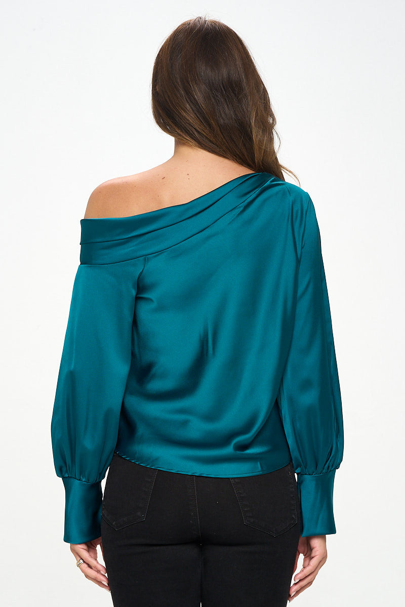 Dropped Shoulder Long Sleeve Satin Top-2