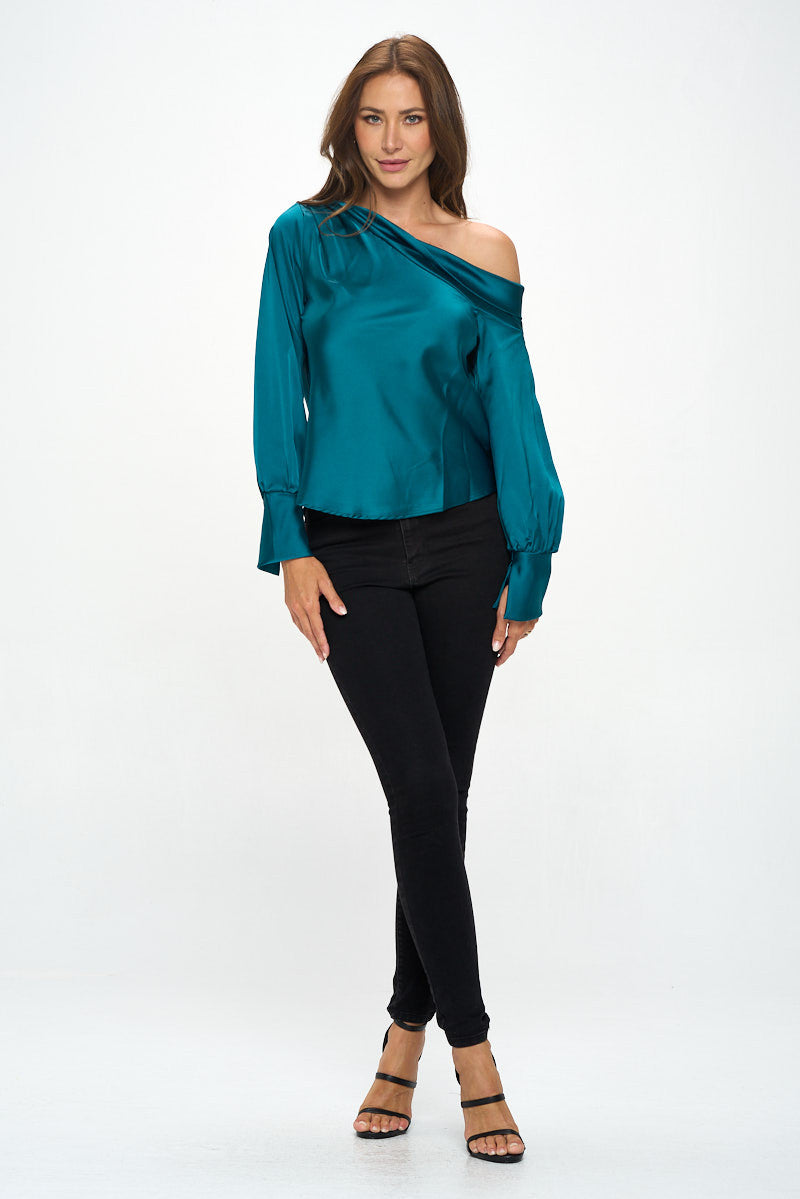 Dropped Shoulder Long Sleeve Satin Top-3