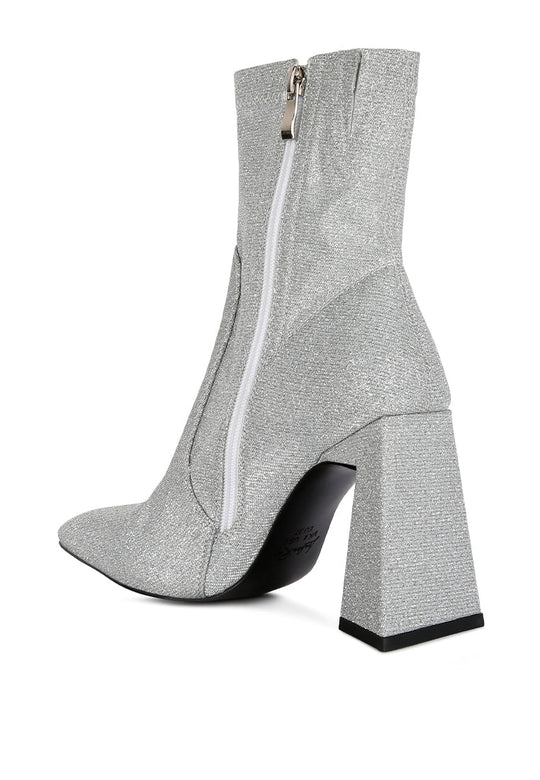 hustlers shimmer block heeled ankle boots