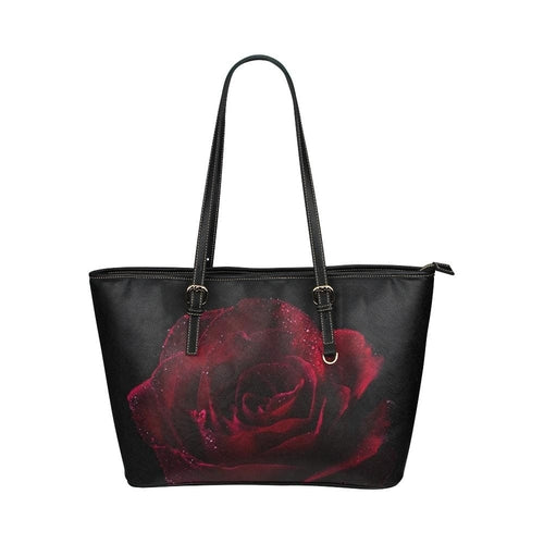 Large Leather Tote Shoulder Bag - Black and Red Stem Rose Illustration