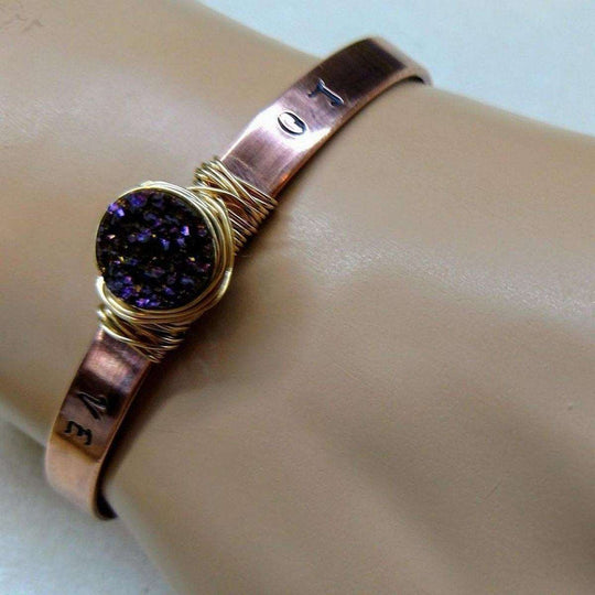 LOVE Stamped Gold Wire Wrapped Purple Druzy Copper Cuff