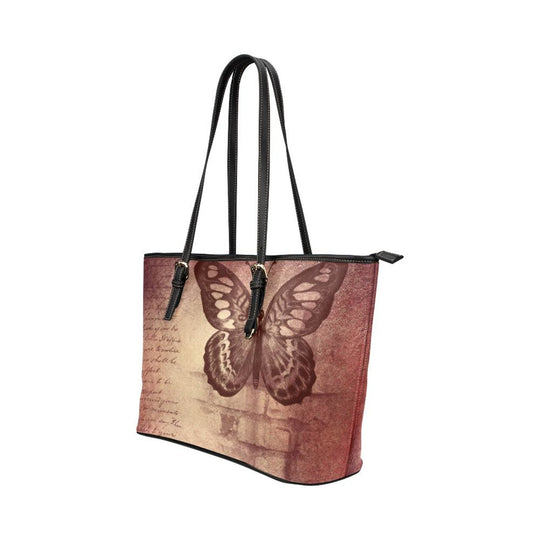 Large Leather Tote Shoulder Bag - Mauve Butterfly Multicolor