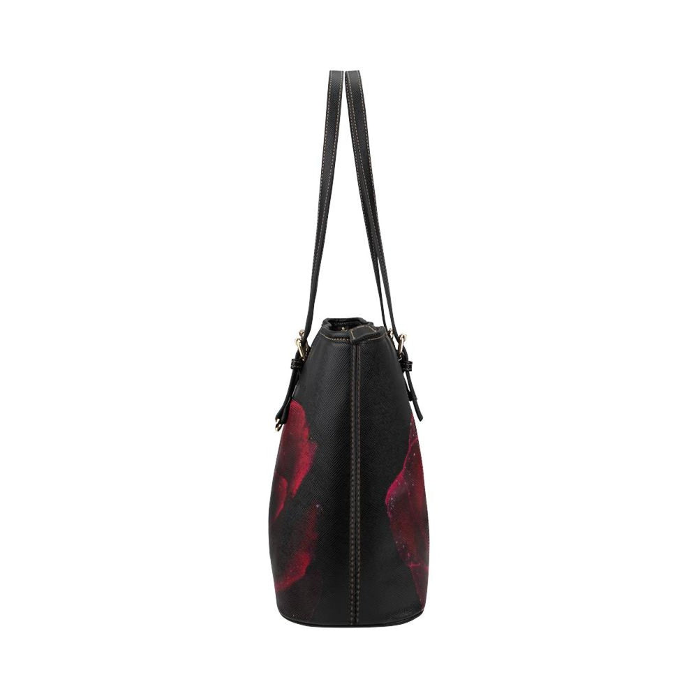 Large Leather Tote Shoulder Bag - Black and Red Stem Rose Illustration